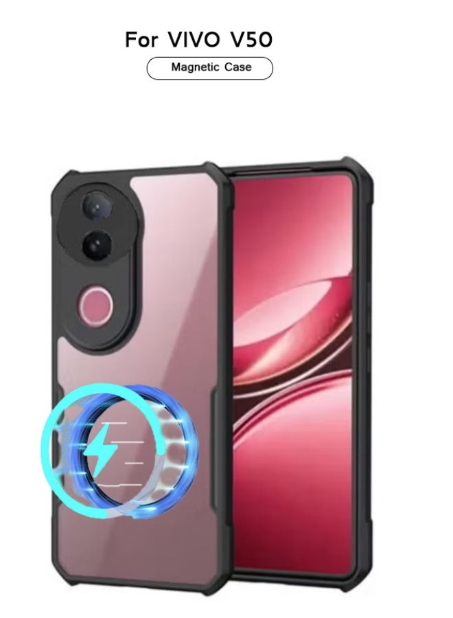 حافظة مغناطيسية لهاتف VIVO V50 5G [متوافقة مع ماغسيف] غطاء فائق النحافة حافة TPU ناعمة + ظهر أكريليك شفاف وسائد هوائية مقاومة للصدمات - Image 2