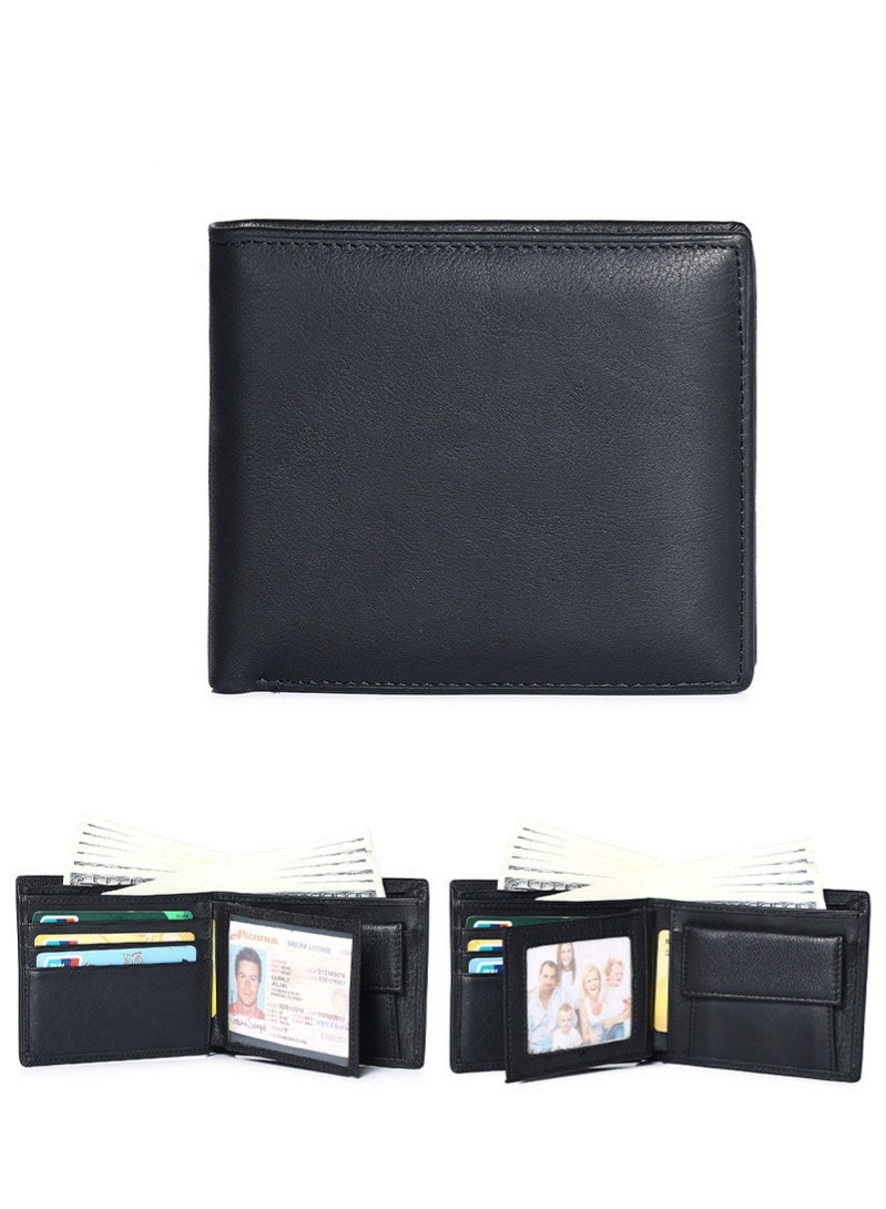 PLUSOX Genuine Leather Men Wallet Retro Cowhide Coin Purse Multiple Card Slots Business Casual Card Holder Black - Image 1