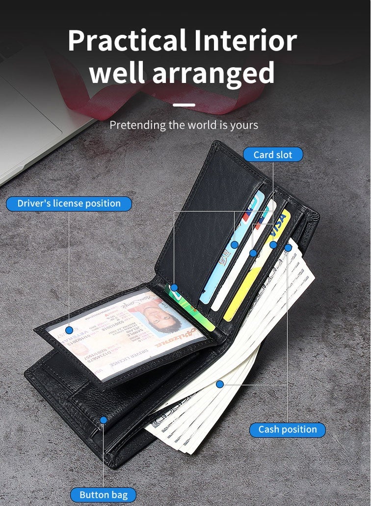 PLUSOX Genuine Leather Men Wallet Retro Cowhide Coin Purse Multiple Card Slots Business Casual Card Holder Black - Image 3