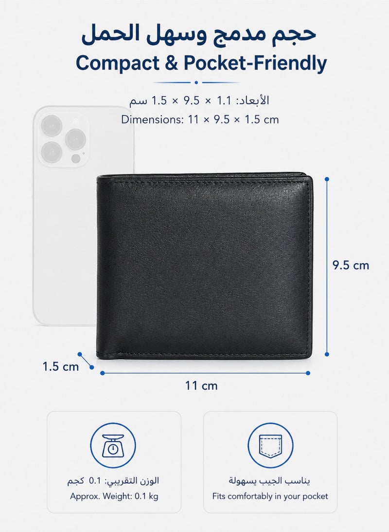 PLUSOX Genuine Cowhide Leather Men’s Wallet – Slim Bifold Card Holder with Coin Pocket, Multiple Card Slots, Retro Business Wallet, Black - Image 5