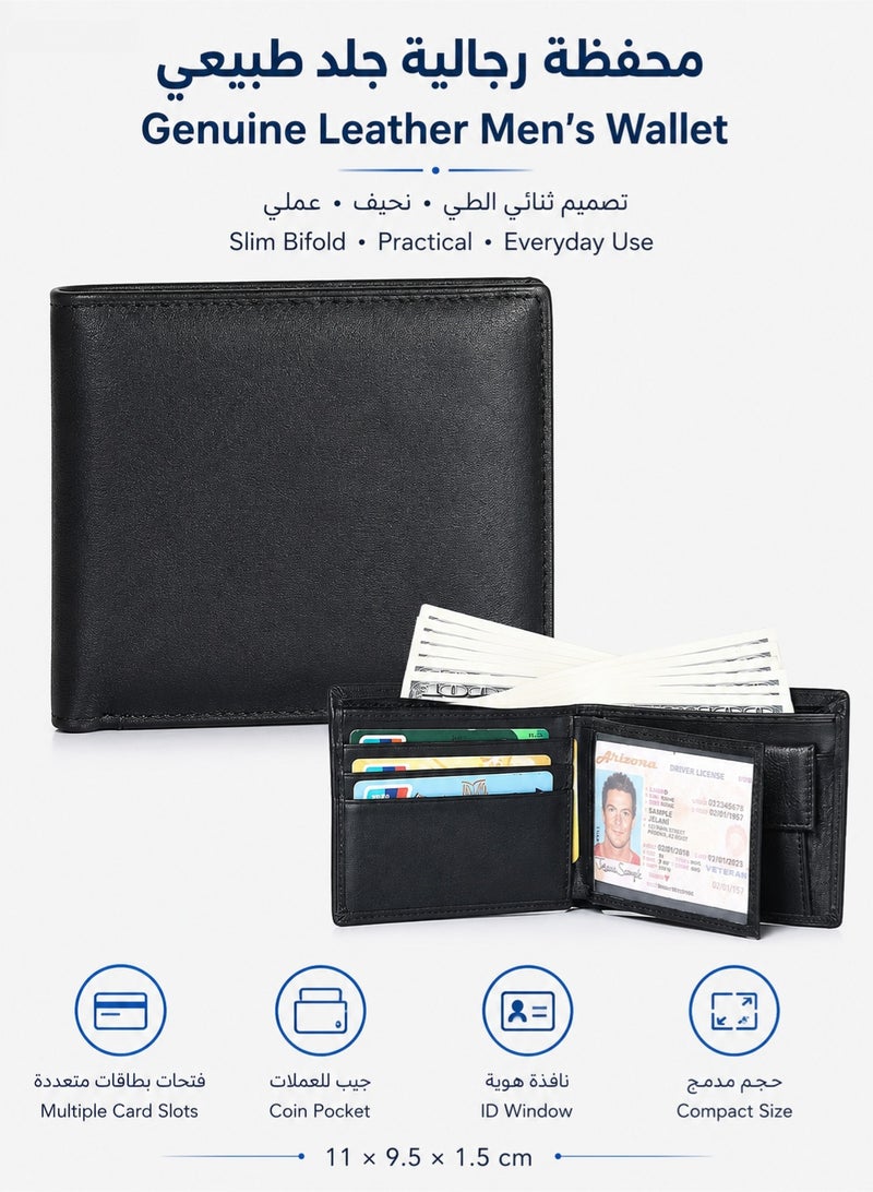 PLUSOX Genuine Cowhide Leather Men’s Wallet – Slim Bifold Card Holder with Coin Pocket, Multiple Card Slots, Retro Business Wallet, Black - Image 1