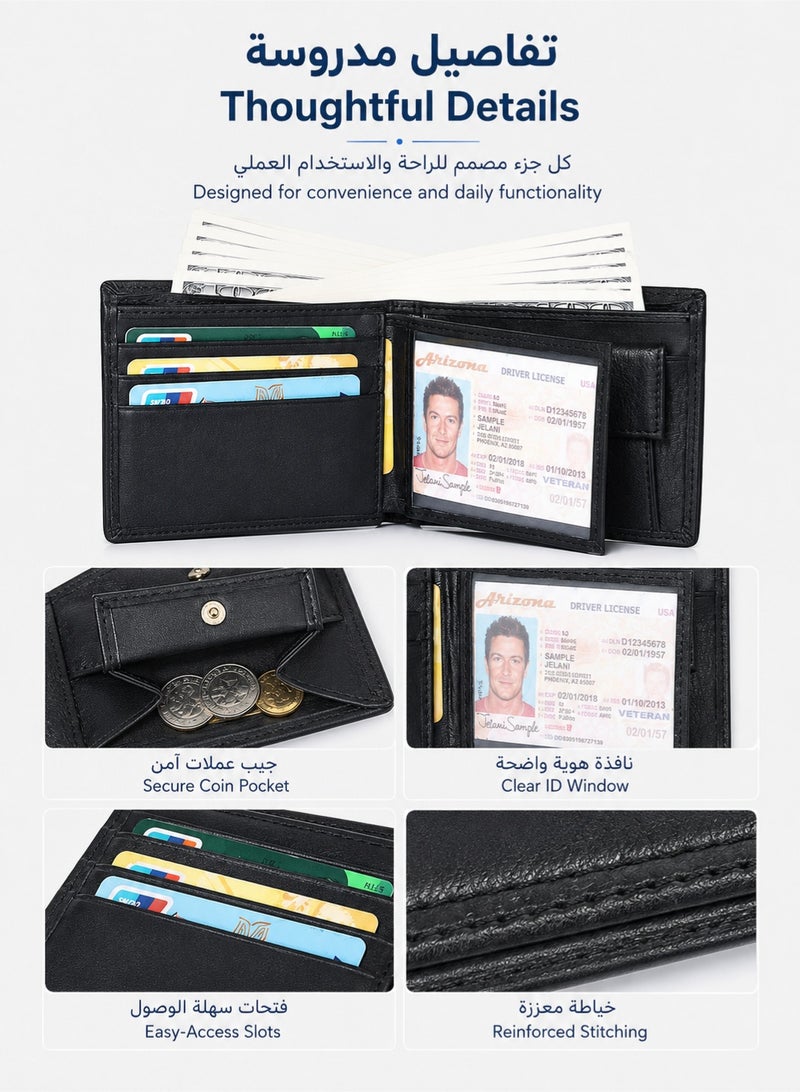 PLUSOX Genuine Cowhide Leather Men’s Wallet – Slim Bifold Card Holder with Coin Pocket, Multiple Card Slots, Retro Business Wallet, Black - Image 4