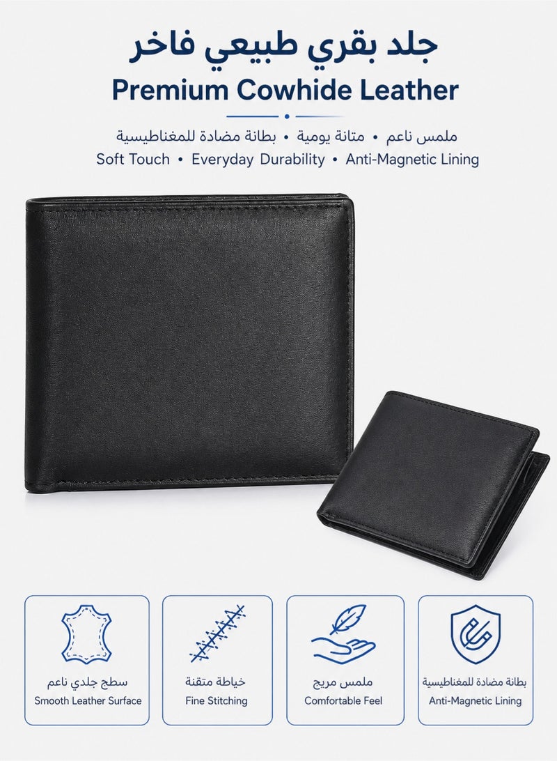 PLUSOX Genuine Cowhide Leather Men’s Wallet – Slim Bifold Card Holder with Coin Pocket, Multiple Card Slots, Retro Business Wallet, Black - Image 2