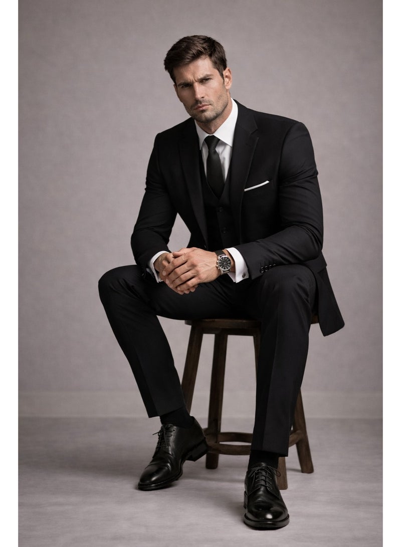Lavandera Men's Three-Piece Suit, Two-Button, Elegant Style for Occasions and Meetings, Black - Image 3