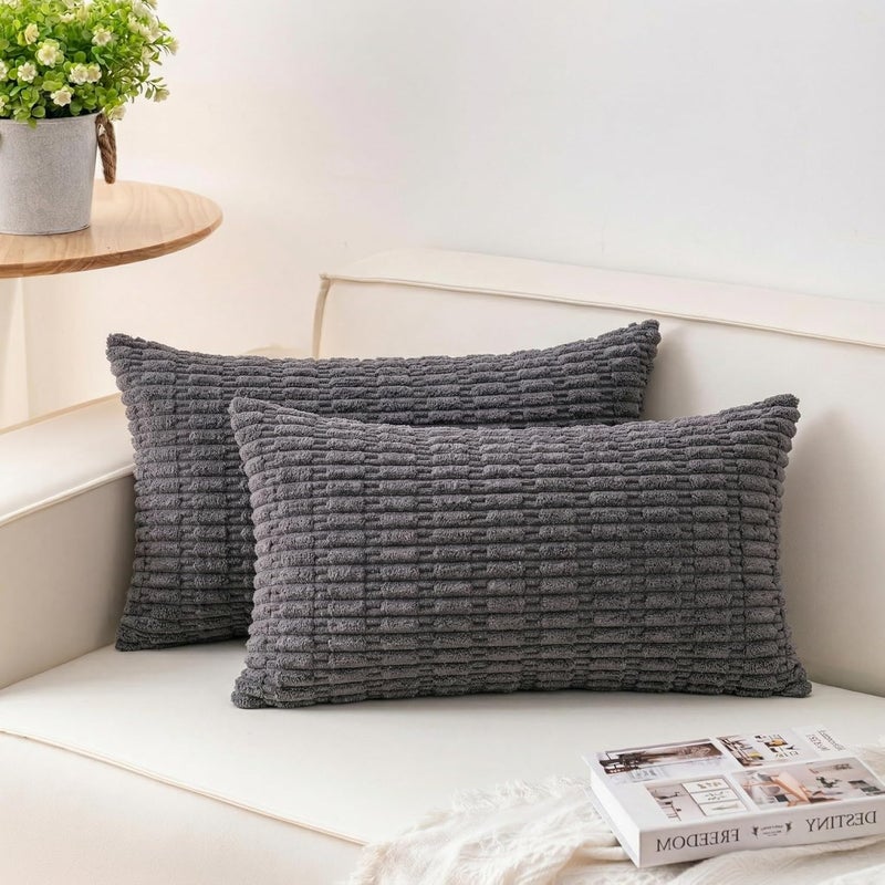 Aegero Pack of 2 Corduroy Decorative Throw Pillow Covers 12x24 Inch Soft Striped Pillow Covers Modern Farmhouse Home Decor for Sofa Living Room Couch Bed（Dark Grey） - Image 1