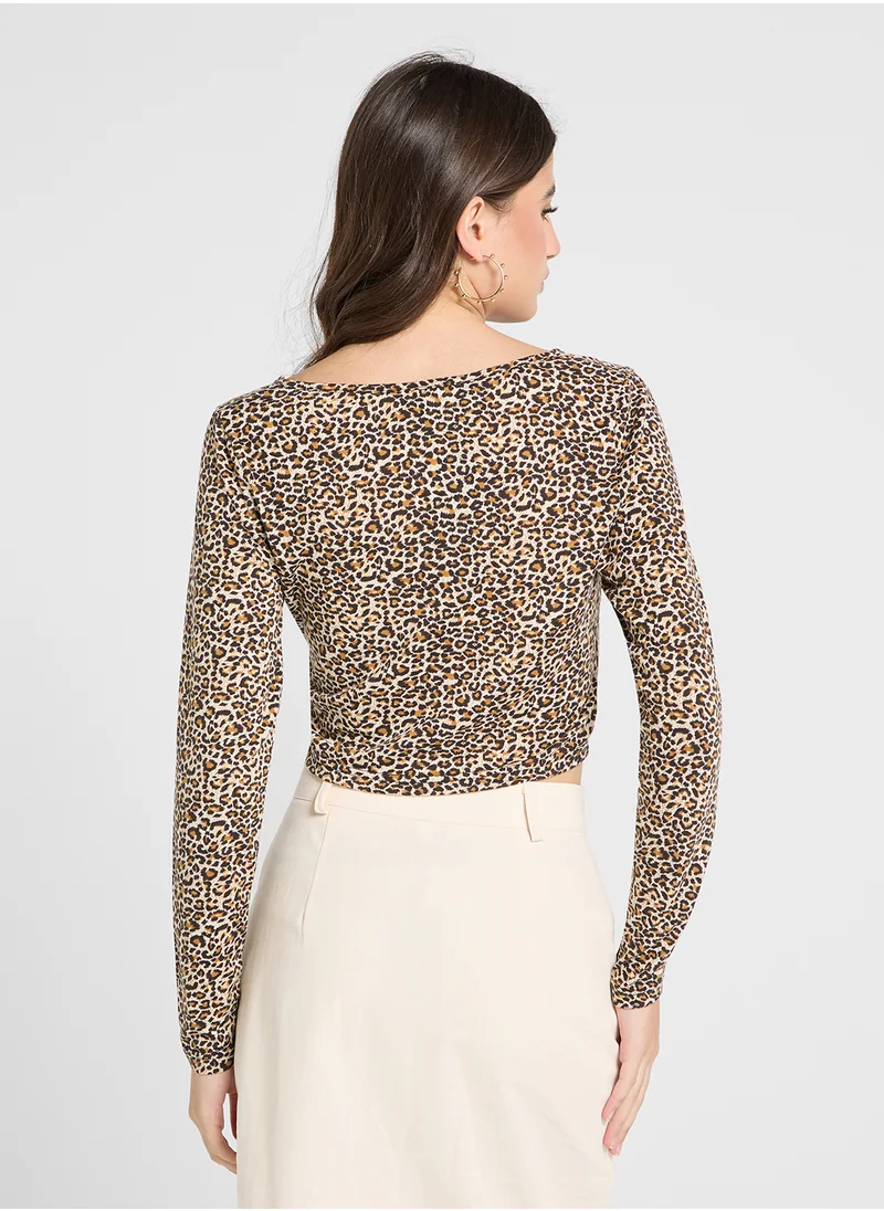 جينجر Leopard Print Tie Up Detail Top