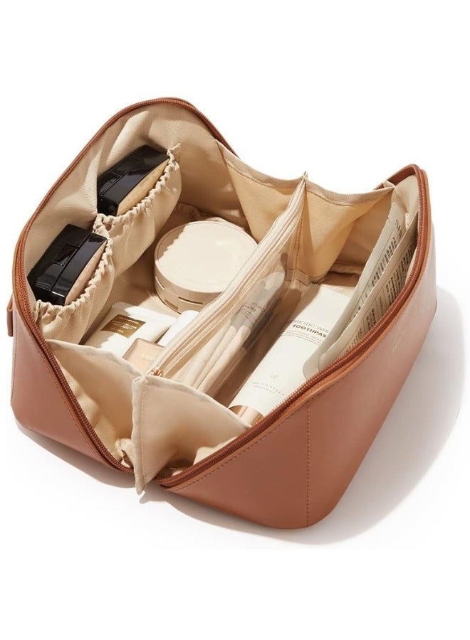 1pc PU Leather Multifunctional Storage Makeup Bag (Brown) - Image 1