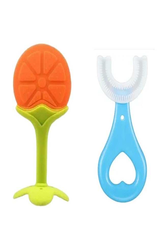 KALRA MAGIC® 1Pc Baby U Shape Brush & 1Pcs Silicone Teether Set BPA-Free, Soft Chew Teething Toy & Self-Feeding Pacifier for Infants & Toddlers (Combo No 9) - Image 1