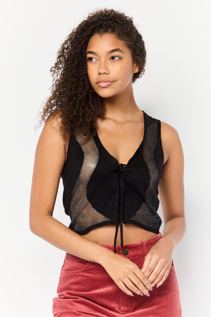 Asos Design Women V Neck Sleeveless Textured Tank Top, Black  - Image 1