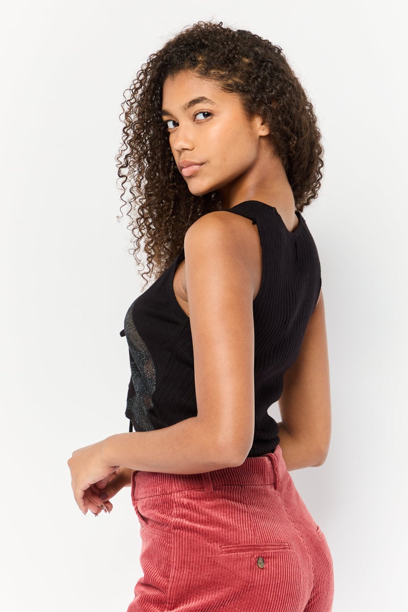 Asos Design Women V Neck Sleeveless Textured Tank Top, Black  - Image 3