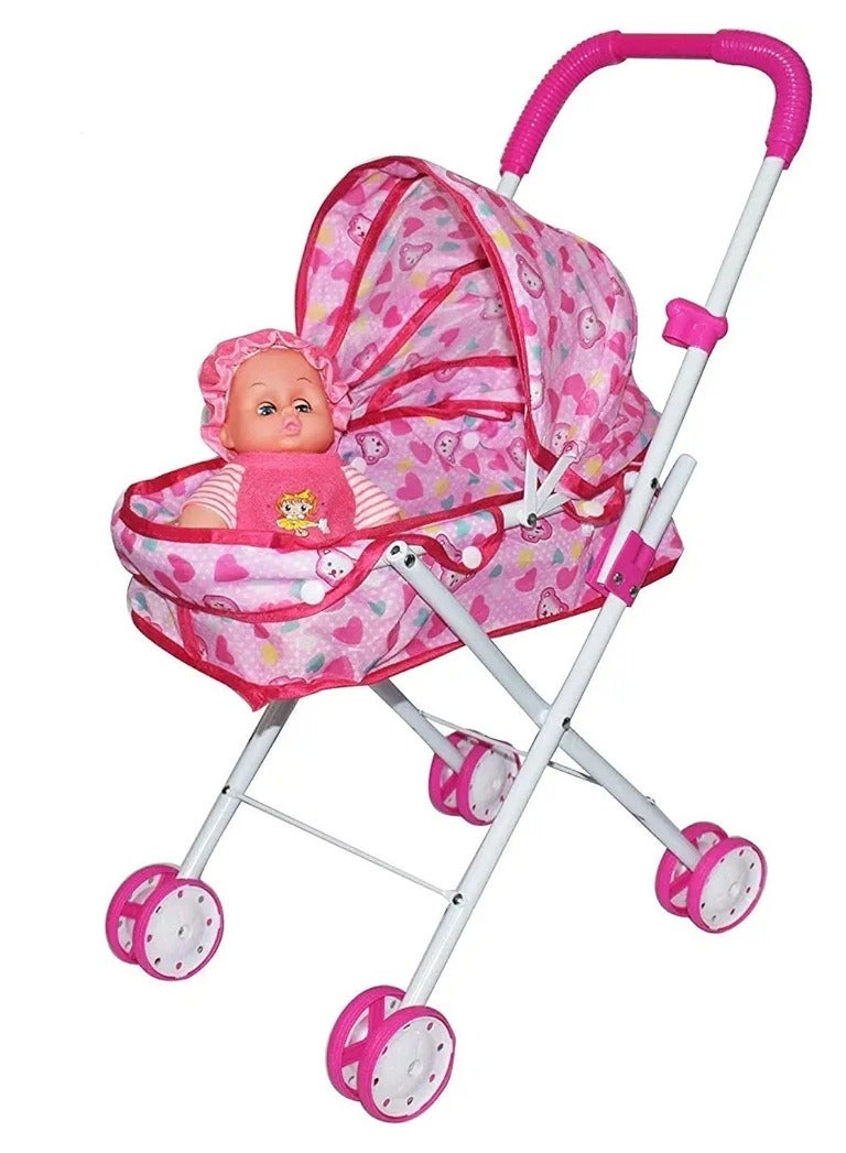 Baby Doll Stroller Fordable Baby Pram Trolley with Dolls for Girls and Boys Toys (Multi-Color) - Image 1