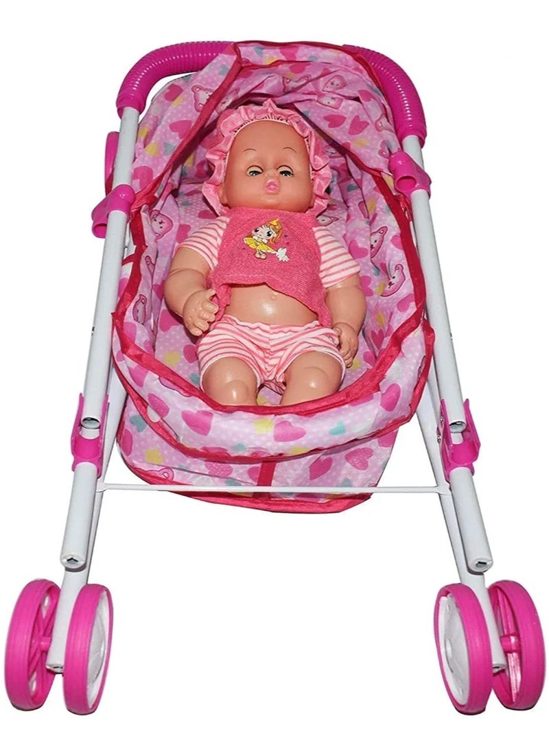 Baby Doll Stroller Fordable Baby Pram Trolley with Dolls for Girls and Boys Toys (Multi-Color) - Image 2