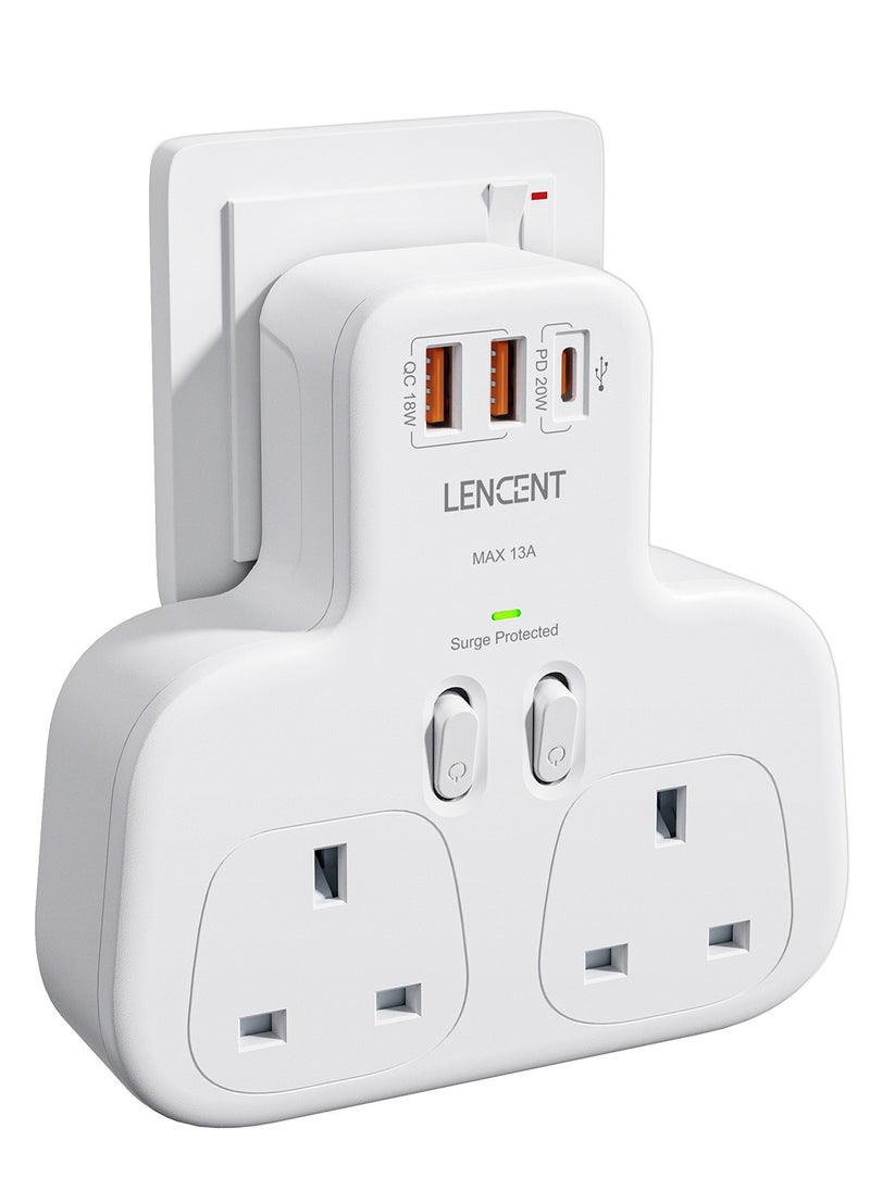 لينسينت محول قابس مزدوج LENCENT مع 3 فتحات USB، وصلة توصيل متعددة، محول توصيل ثنائي الاتجاه مع PD 20 وات USB-C و2 USB-A QC 3.0، مقبس موسع التوصيل المحمي من التيار الزائد، 13 أمبير 3250 وات  - Image 2