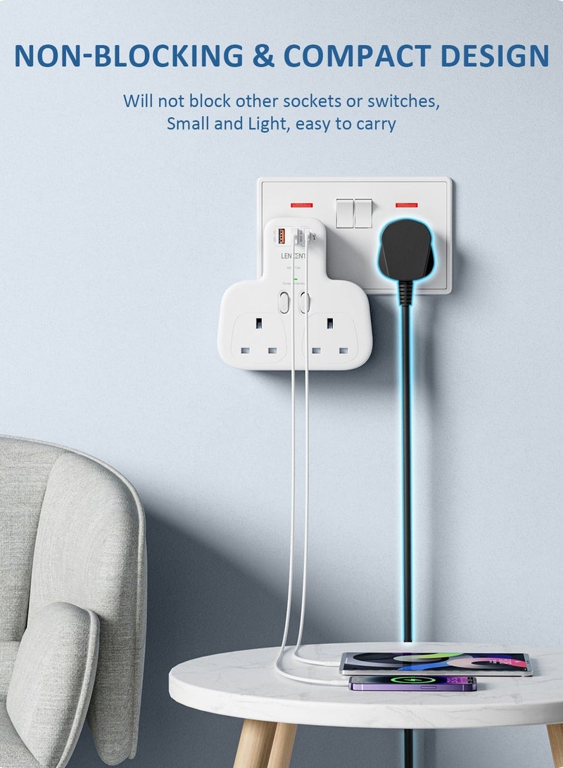 Lencent 5 IN 1 Extension Plug Surge Protector Power Strip,2 AC Outlets Sockets,2 USB-A QC 3.0 & 1 USB-C PD 20W Fast Charger,13A 3250W Double UK Plug Extender USB Charging Station for Kitchen,Home Office Accessories White - Image 5