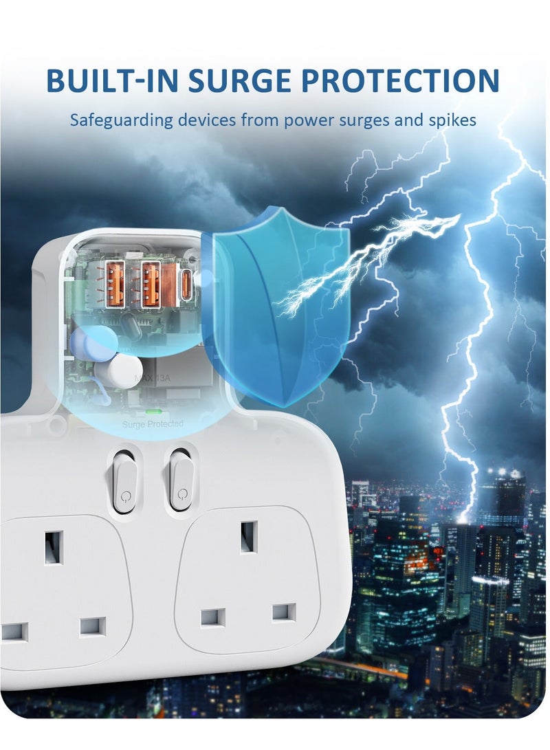 Lencent 5 IN 1 Extension Plug Surge Protector Power Strip,2 AC Outlets Sockets,2 USB-A QC 3.0 & 1 USB-C PD 20W Fast Charger,13A 3250W Double UK Plug Extender USB Charging Station for Kitchen,Home Office Accessories White - Image 4