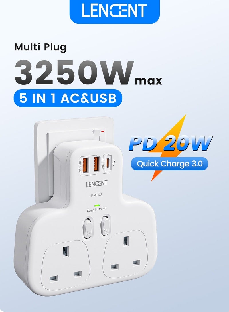Lencent 5 IN 1 Extension Plug Surge Protector Power Strip,2 AC Outlets Sockets,2 USB-A QC 3.0 & 1 USB-C PD 20W Fast Charger,13A 3250W Double UK Plug Extender USB Charging Station for Kitchen,Home Office Accessories White - Image 1