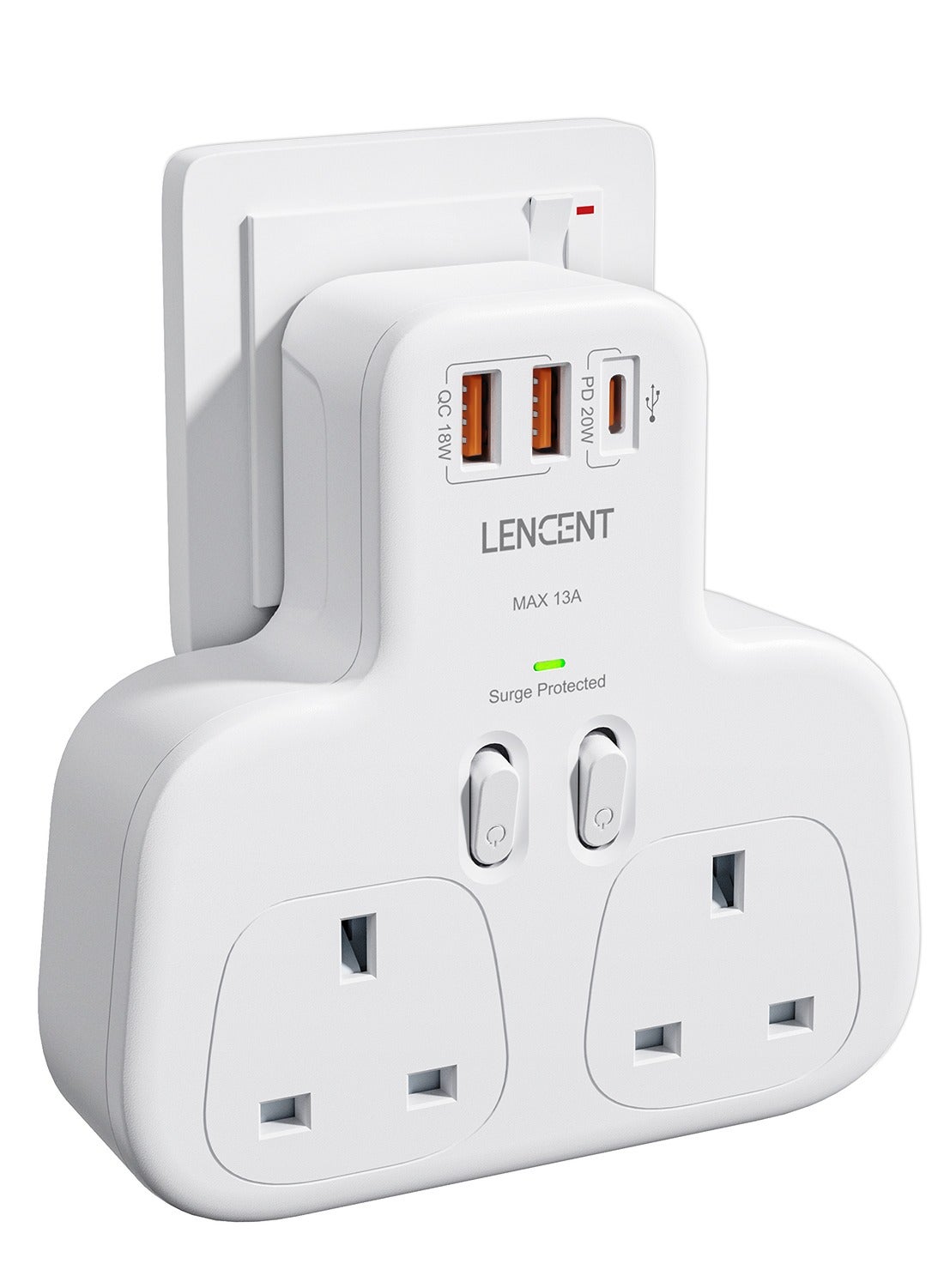 Lencent 5 IN 1 Extension Plug Surge Protector Power Strip,2 AC Outlets ...