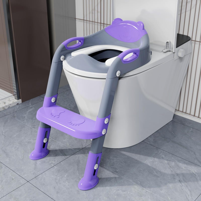 SKYROKU Potty Training Seat with Step Stool Ladder, SKYROKU Potty Training Toilet for Kids Boys Girls Toddlers - Comfortable Safe Potty Seat with Anti-Slip Pads Ladder Grey Purple  - Image 1