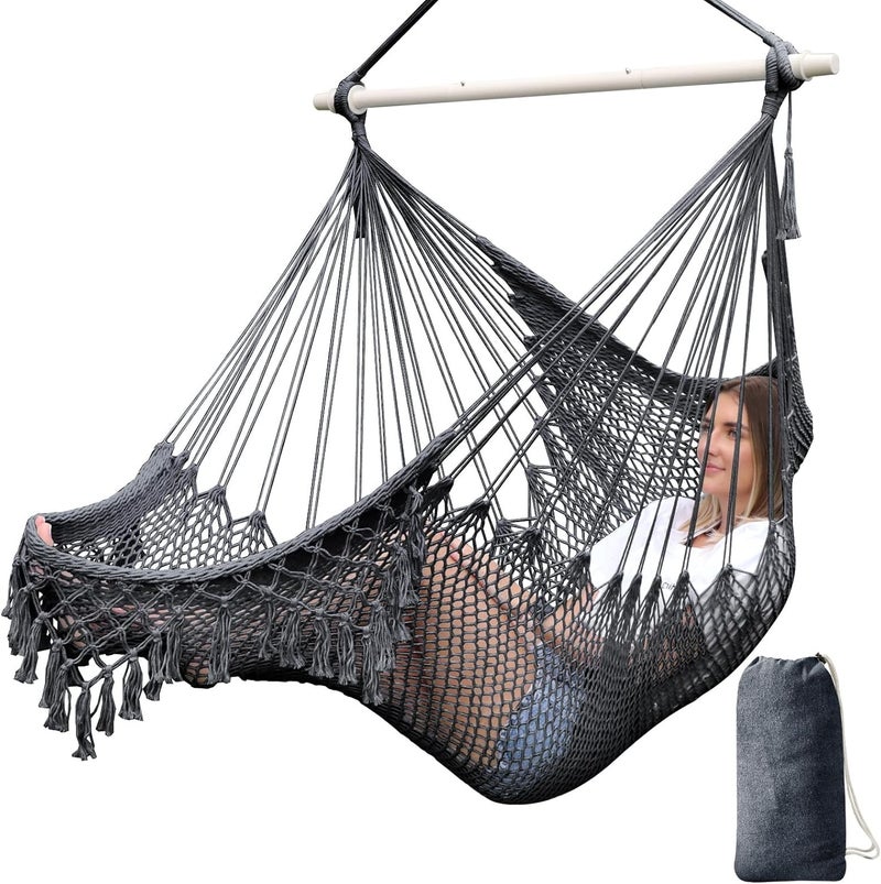 Chihee Hammock Chair Super Large Hanging Chair Soft-Spun Cotton Rope Weaving Chair, Collapsible Strong Metal Spreader Bar Wide Seat Lace Stretch Swing Chair Indoor Outdoor Garden Yard Theme Decoration - Image 1