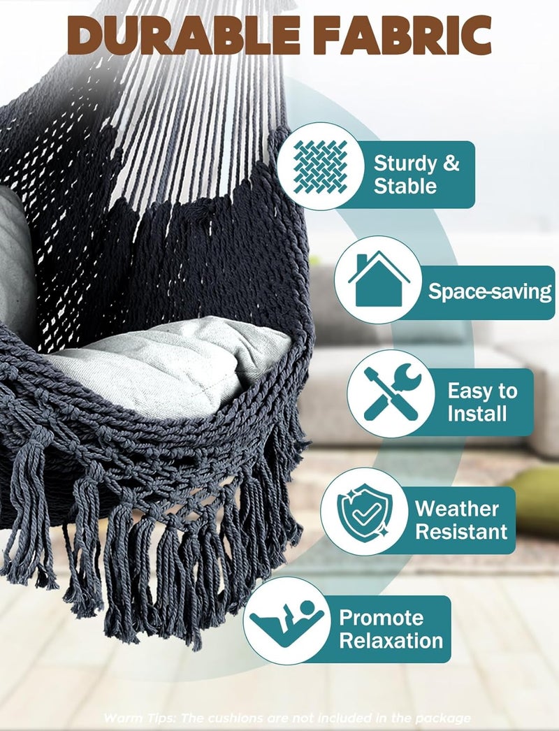 Chihee Hammock Chair Super Large Hanging Chair Soft-Spun Cotton Rope Weaving Chair, Collapsible Strong Metal Spreader Bar Wide Seat Lace Stretch Swing Chair Indoor Outdoor Garden Yard Theme Decoration - Image 2