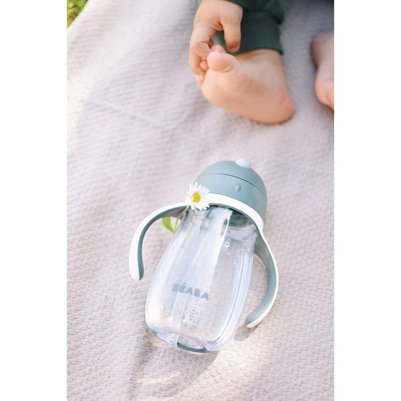 Baba زجاجة ماء للأطفال بيبا 2 في 1، كوب شرب مضاد للتسرب مع قشة سيليكون ناعمة للأطفال، 100% مقاوم للماء، سهل الفتح، مقابض قابلة للإزالة، تريتان وسيليكون - 300 مل، أزرق عاصف، 8 أشهر وما فوق - Image 5