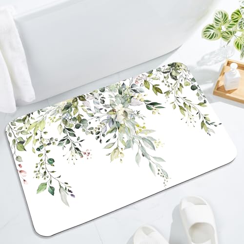 Gibelle Eucalyptus Leaves Bath Mat Rug Super Absorbent Quick Dry Thin Bathroom Rugs Fit Under Door Non Slip Rubber Backed Bathroom Floor Mat for in Front of Bathtub Sink Shower 17x24 Sage Green - Image 1