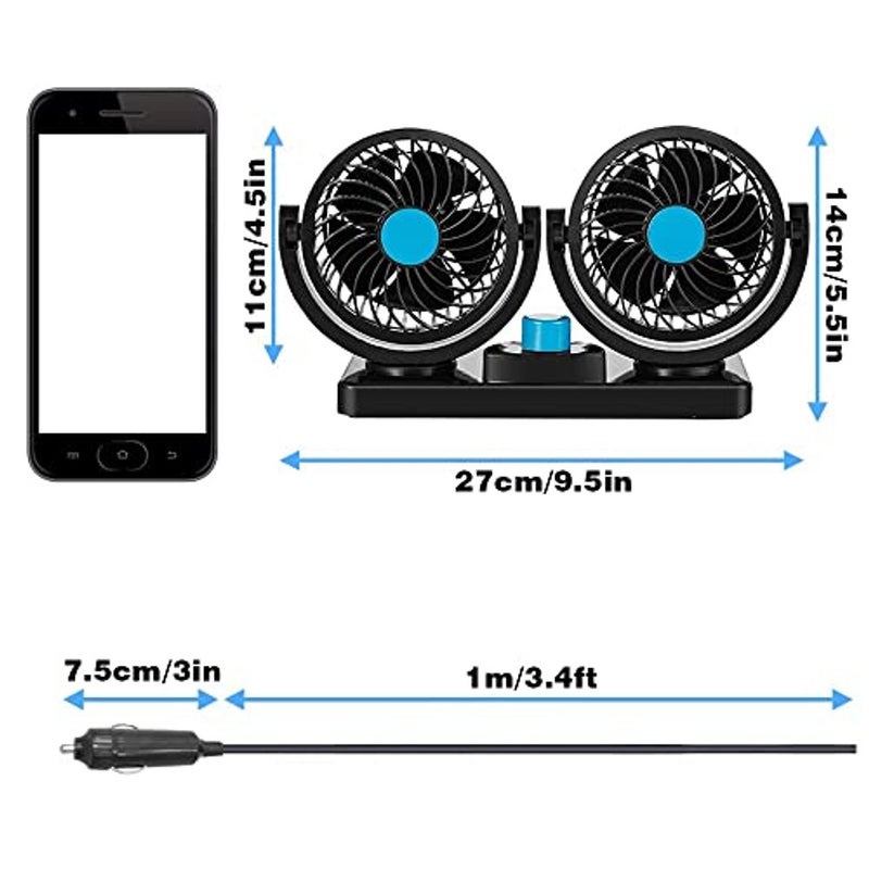 ALKAYAN Car Fan, 12V Electric 2 Speed Dual Head Fans for Seat Passenger Portable Car Seat Fan 360 Degree Rotatable Car Fan Quiet Strong Dashboard Cooling Air Circulation Fan for SUV, RV, Auto Vehicles Golf - Image 5