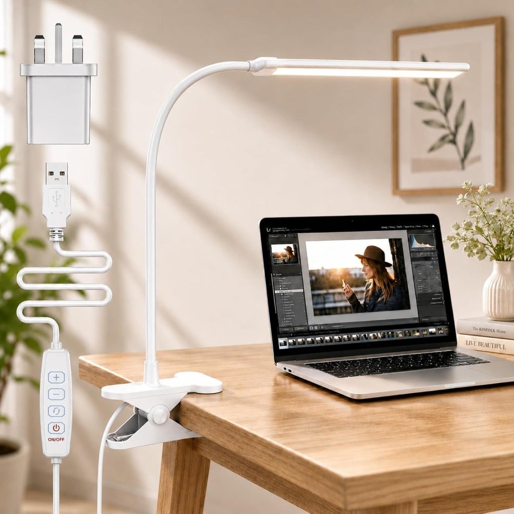 HUA QIANG WANG LED Clip on Desk Lamp, USB Reading Light with Clamp, 3 Color Modes, 10 Brightness Levels, Flexible Gooseneck Table Lamp for Reading, Study, Workbench, Laptop, Craft