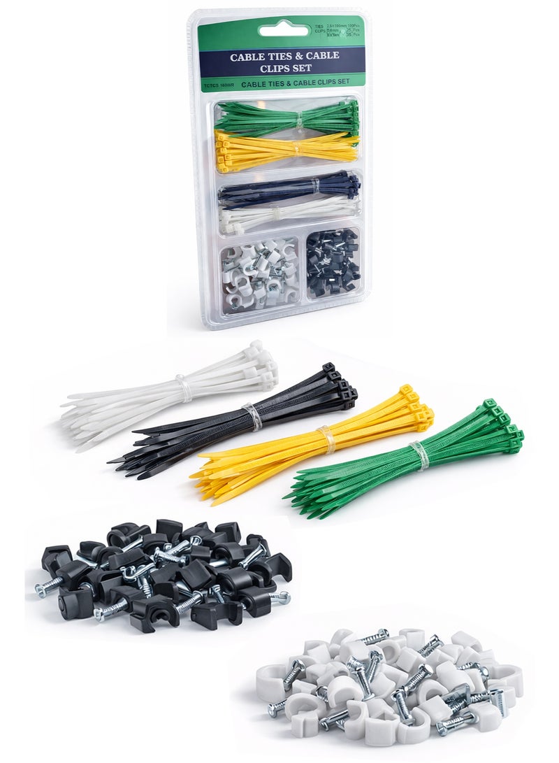 This Cable Ties and Wall Fastener Set is a complete wire management solution designed to keep cables organized, secure, and tidy. The set includes 100PCS durable zip ties (2.5x100mm) in multiple colors—white, black, yellow, and green—allowing easy identification and sorting of different wires. It also features 60PCS wall fastener holders in two sizes, including 25PCS 6mm and 35PCS 8mm, suitable for various wire thicknesses. These holders are perfect for fixing wires along walls, desks, and surfaces, helping reduce clutter and improve safety. Made from strong and reliable materials, the zip ties provide a firm locking mechanism while the holders keep wires neatly positioned without causing damage. Ideal for home, office, and workshop use, this set is perfect for organizing power cords, network cables, TV wires, and more. Easy to install and highly practical, it offers an efficient and long-lasting solution for everyday cable management needs. - Image 1