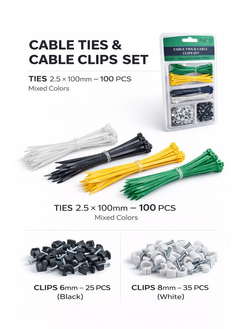 This Cable Ties and Wall Fastener Set is a complete wire management solution designed to keep cables organized, secure, and tidy. The set includes 100PCS durable zip ties (2.5x100mm) in multiple colors—white, black, yellow, and green—allowing easy identification and sorting of different wires. It also features 60PCS wall fastener holders in two sizes, including 25PCS 6mm and 35PCS 8mm, suitable for various wire thicknesses. These holders are perfect for fixing wires along walls, desks, and surfaces, helping reduce clutter and improve safety. Made from strong and reliable materials, the zip ties provide a firm locking mechanism while the holders keep wires neatly positioned without causing damage. Ideal for home, office, and workshop use, this set is perfect for organizing power cords, network cables, TV wires, and more. Easy to install and highly practical, it offers an efficient and long-lasting solution for everyday cable management needs. - Image 3