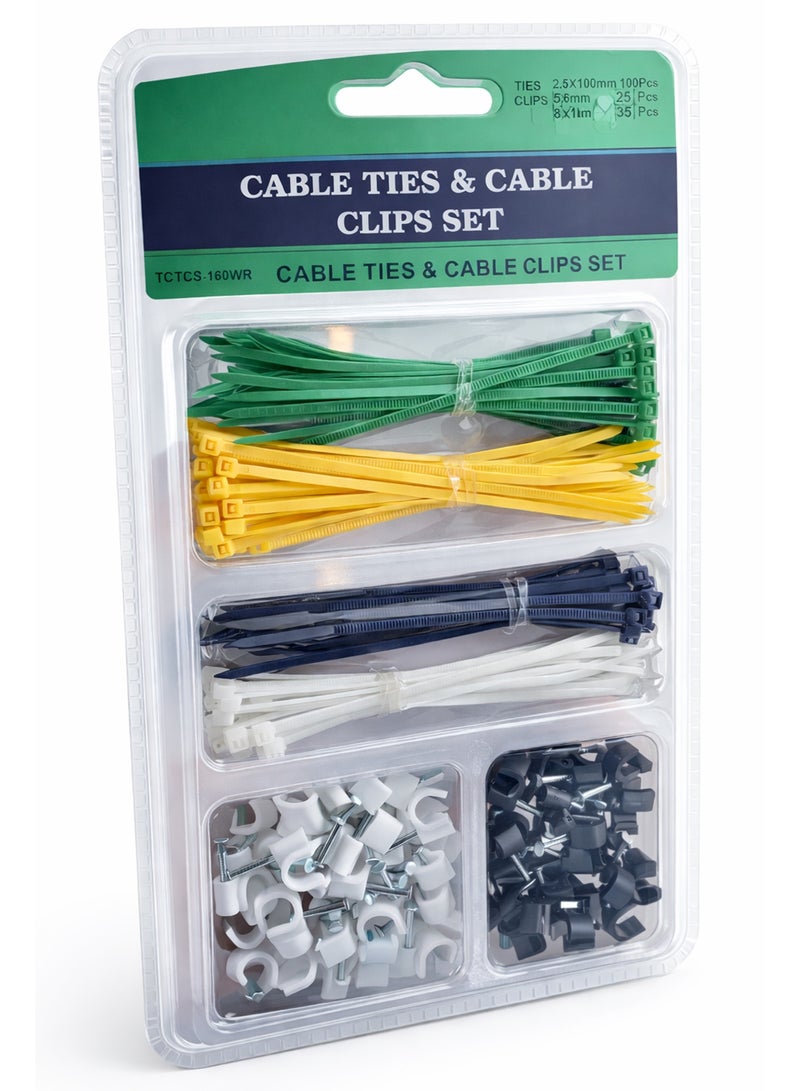 This Cable Ties and Wall Fastener Set is a complete wire management solution designed to keep cables organized, secure, and tidy. The set includes 100PCS durable zip ties (2.5x100mm) in multiple colors—white, black, yellow, and green—allowing easy identification and sorting of different wires. It also features 60PCS wall fastener holders in two sizes, including 25PCS 6mm and 35PCS 8mm, suitable for various wire thicknesses. These holders are perfect for fixing wires along walls, desks, and surfaces, helping reduce clutter and improve safety. Made from strong and reliable materials, the zip ties provide a firm locking mechanism while the holders keep wires neatly positioned without causing damage. Ideal for home, office, and workshop use, this set is perfect for organizing power cords, network cables, TV wires, and more. Easy to install and highly practical, it offers an efficient and long-lasting solution for everyday cable management needs. - Image 2