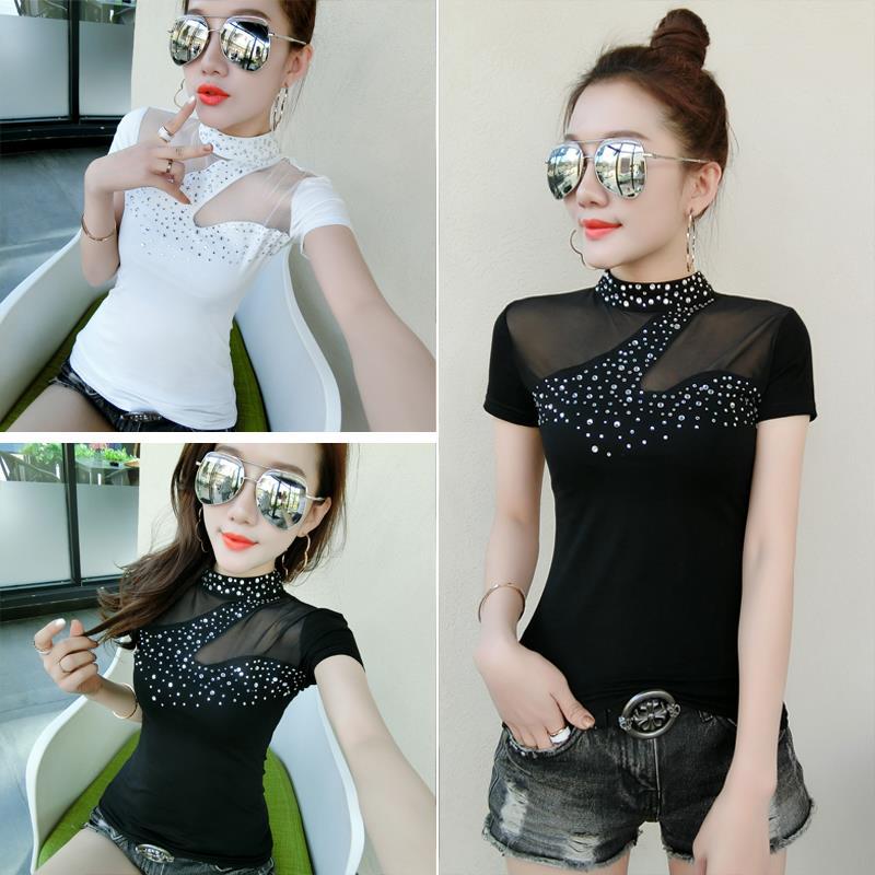 Real shot 2023 original design stitching Hollow hot drilling careful machine sexy small shirt women's short-sleeved shirt T generation hair - Image 4