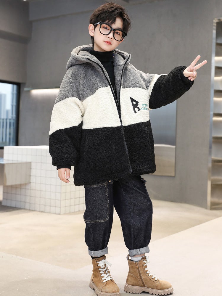 Boys' Jacket Style, Medium And Large Children, Fleece-Lined And Thickened, Lamb Wool, Cool And Stylish Winter Sweater For Kids - Image 4