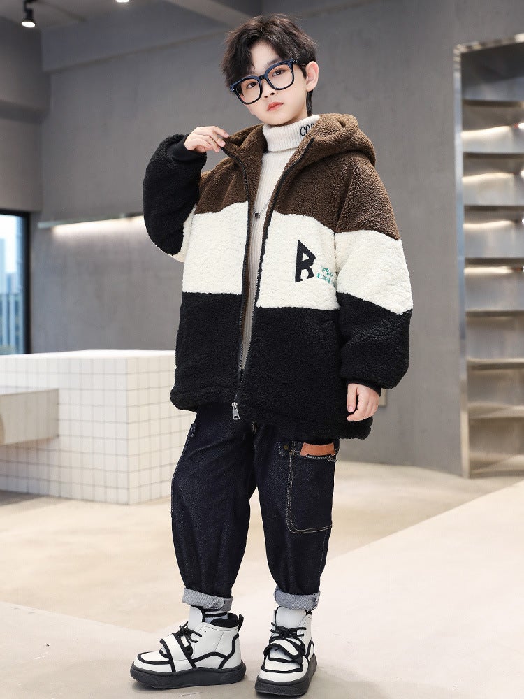 Boys' Jacket Style, Medium And Large Children, Fleece-Lined And Thickened, Lamb Wool, Cool And Stylish Winter Sweater For Kids - Image 3