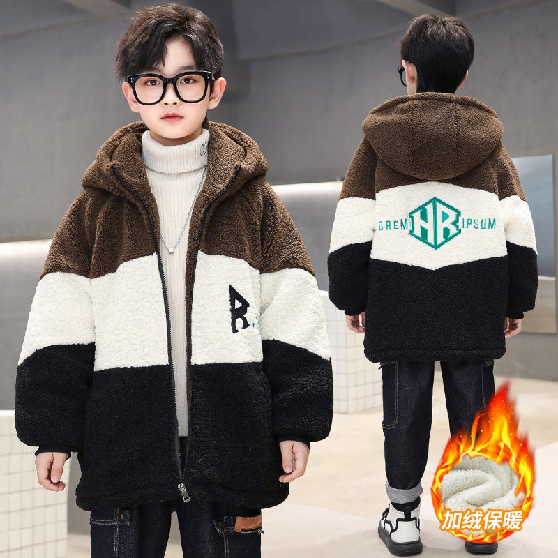Boys' Jacket Style, Medium And Large Children, Fleece-Lined And Thickened, Lamb Wool, Cool And Stylish Winter Sweater For Kids - Image 1