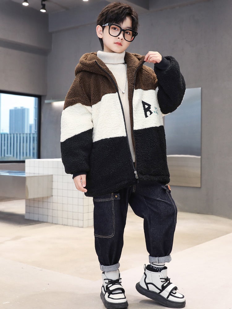 Boys' Jacket Style, Medium And Large Children, Fleece-Lined And Thickened, Lamb Wool, Cool And Stylish Winter Sweater For Kids - Image 2