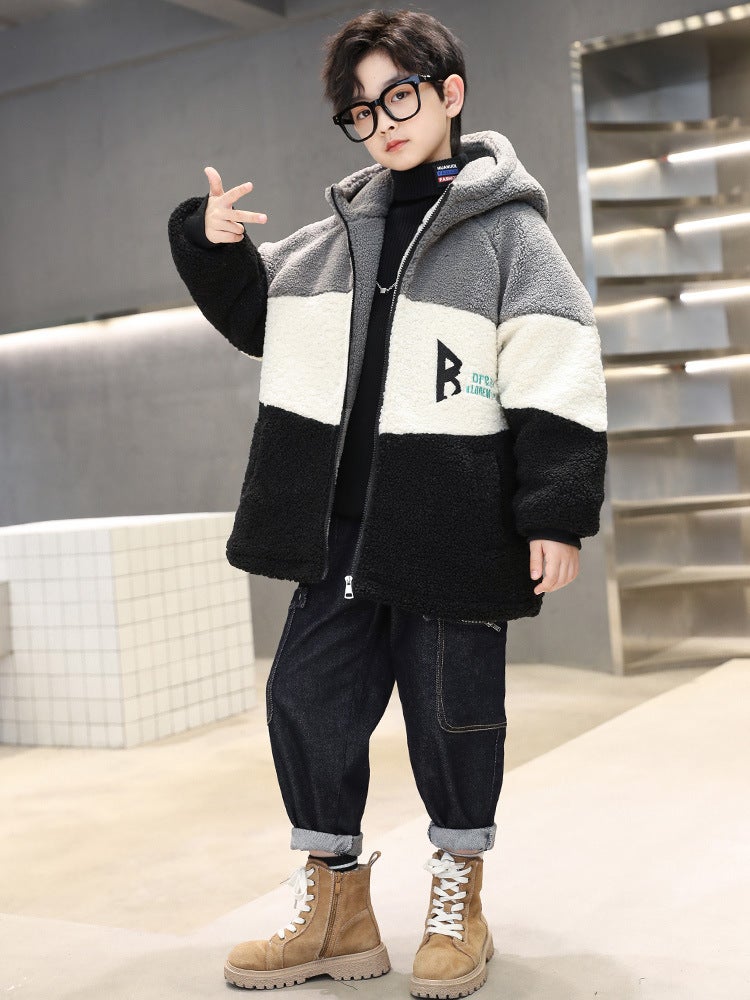 Boys' Jacket Style, Medium And Large Children, Fleece-Lined And Thickened, Lamb Wool, Cool And Stylish Winter Sweater For Kids - Image 5