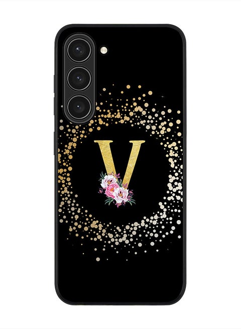 Rugged Black edge case for Samsung Galaxy S23+ 5G, Soft Flexible Phone case Custom Monogram Initial Letter Floral Pattern Alphabet - V (Black)
