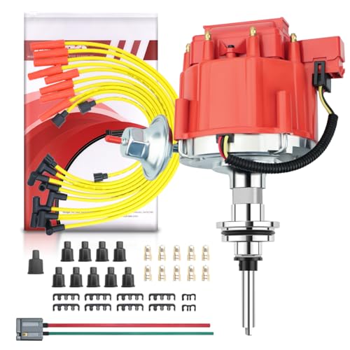 MAS Red Cap HEI Distributor&Spark Plug Wires&Free Pig Tail Kit Replacement for Chrysler LeBaron Dodge Plymouth V8 273 318 340 360 7500 RPM 65K Coil Red Hei Kit - Image 1