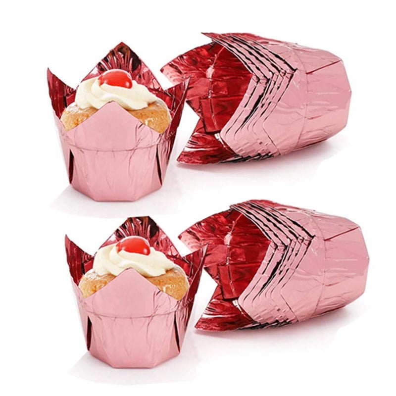 OUKEYI 100Pcs Aluminum Foil Cups Cupcake Muffin Liners 35 Ounce Aluminum Foil Baking Cups Disposable Tulip Style Cupcake Cups Baking Cups Foil Cups Aluminum Cupcake Pan Ramekin Holders