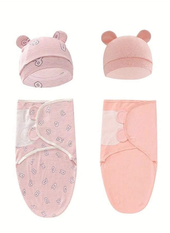 MIXDE 4 PCS Baby Swaddle Blanket Wrap Cap Set Newborn Infant Sleep Sack With Caps 100% Breathable Cotton 0-4 Month  - Image 1