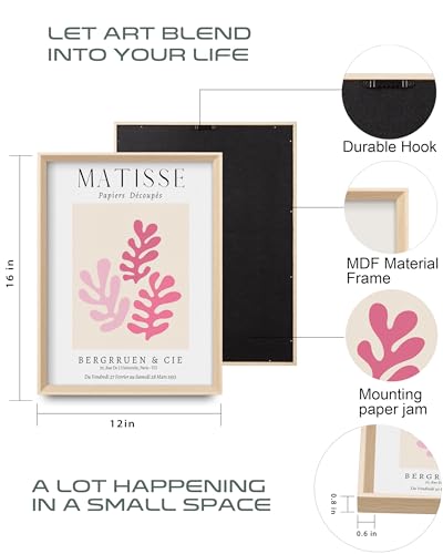 HesenDot Framed Matisse Pink Canvas Wall Art,Abstract Matisse Canvas Wall Decor,16x12IN High Framed Wood Design Prints,Minimalist Wood Frame Posters for Living Room,Bedroom,Bathroom Set of 3 - Image 3