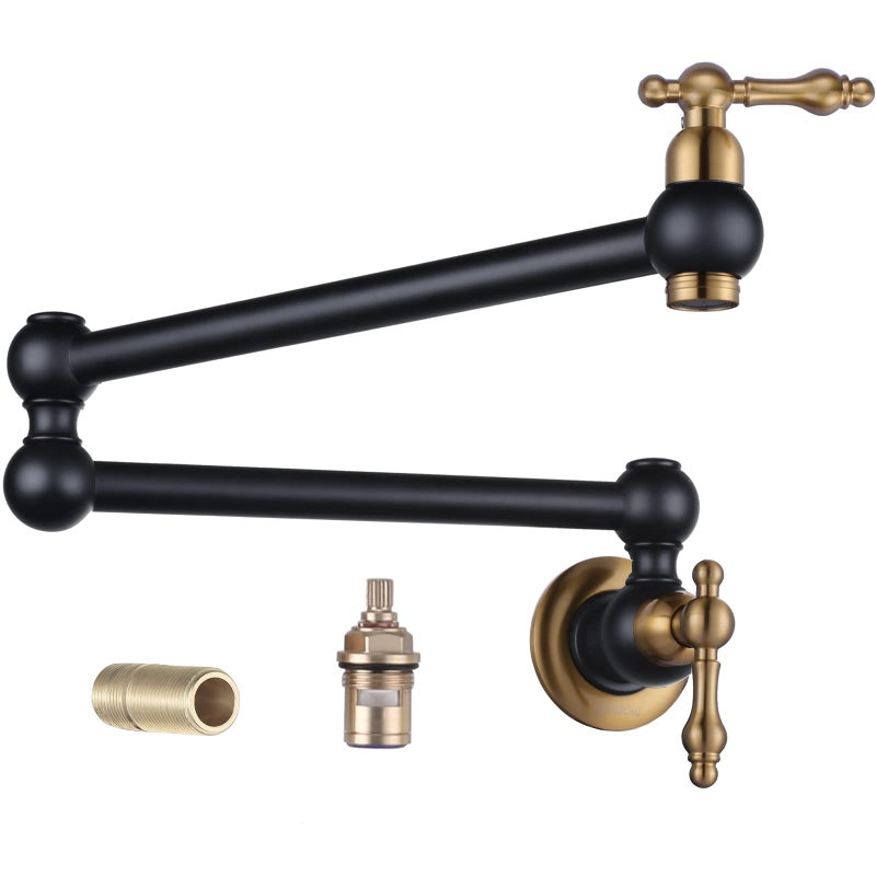WOWOW Pot Filler Faucet Over Stove Solid Brass Pot Filler Wall Mount Commercial Kitchen Sink Pot Filler Copper Folding Faucet with Stretchable Double Joint Swing Arm Black and Gold