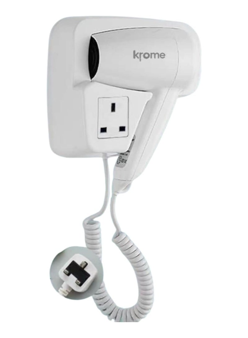 كروم مجفف شعر فندقي قوة 1300 وات مع مخرج طاقة ثلاثي (ابيض) يمكن تركيبه على الجدار - Image 1