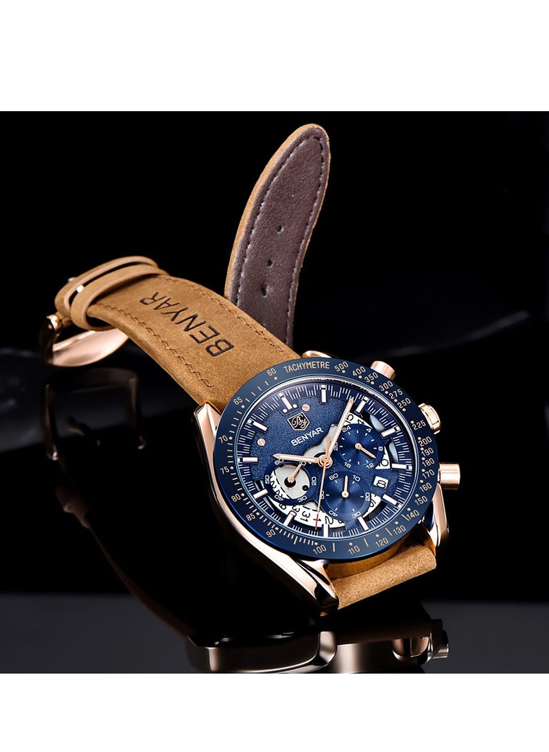 BENYAR Watches for Men Luxury Quartz Water Resistant Watch Men's Chronograph Genuine Leather Strap 5120  - Image 4