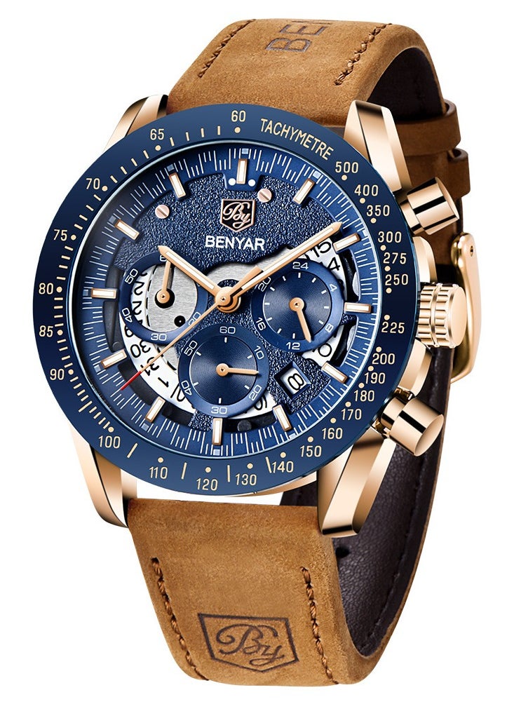 BENYAR Watches for Men Luxury Quartz Water Resistant Watch Men's Chronograph Genuine Leather Strap 5120  - Image 1