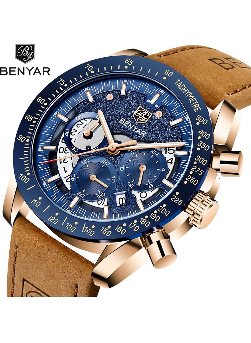 BENYAR Watches for Men Luxury Quartz Water Resistant Watch Men's Chronograph Genuine Leather Strap 5120  - Image 2