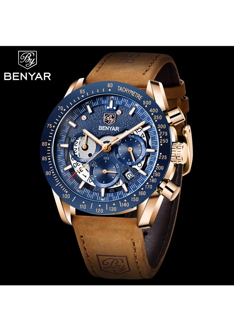 BENYAR Watches for Men Luxury Quartz Water Resistant Watch Men's Chronograph Genuine Leather Strap 5120  - Image 3