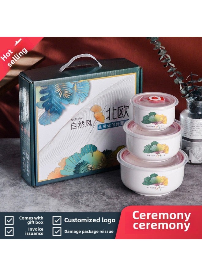 Ceramic Fresh-keeping Bowl Three-piece Gift Bowl Set Sealed Bowl Printed Logo Opening Activity Promotion Sales Gift-Specifications:Northern Europe-Color:2-piece Fresh Bowl Set (36 Sets Per Box) - Image 1