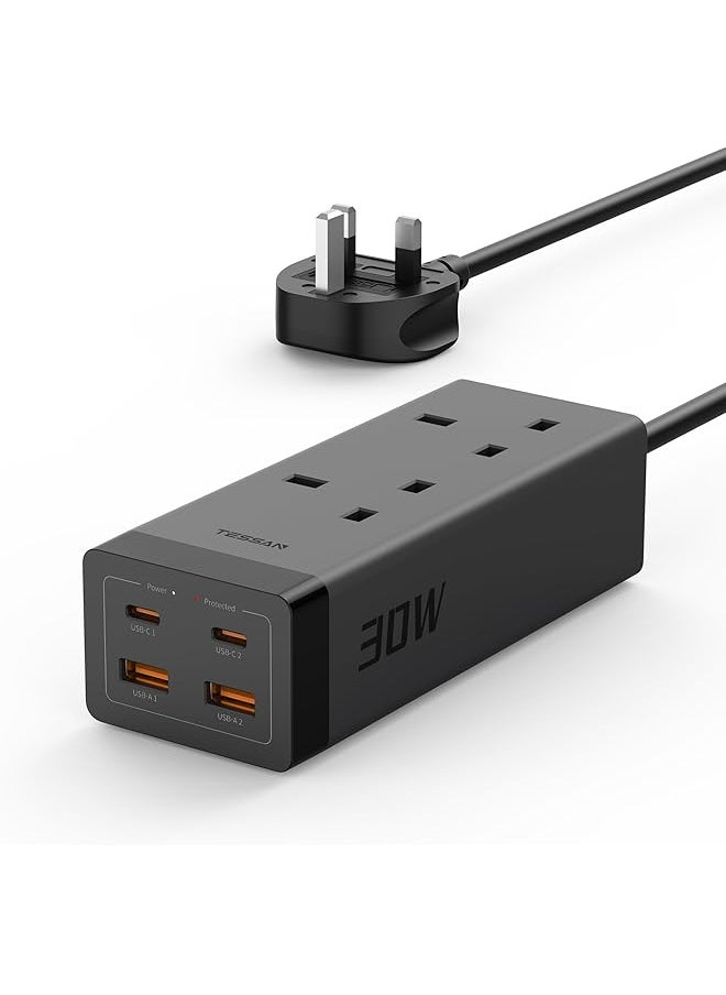 TESSAN TESSAN Extension Lead with 4 USB Slots, 30W USB C Fast Charge, 2 Way Multi Plug Extension with Surge Protection, 2M Extension Cable, 3250W Multiplug Power Strip for Home, Office, School Supplies  - Image 1